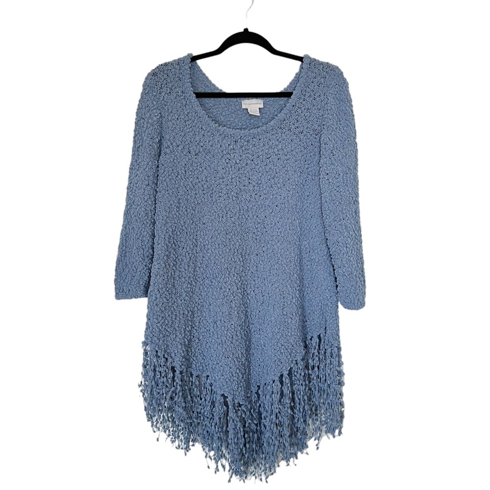Soft Surroundings Popcorn Knit Fringe Tunic Sweater Blue Boho Medium
